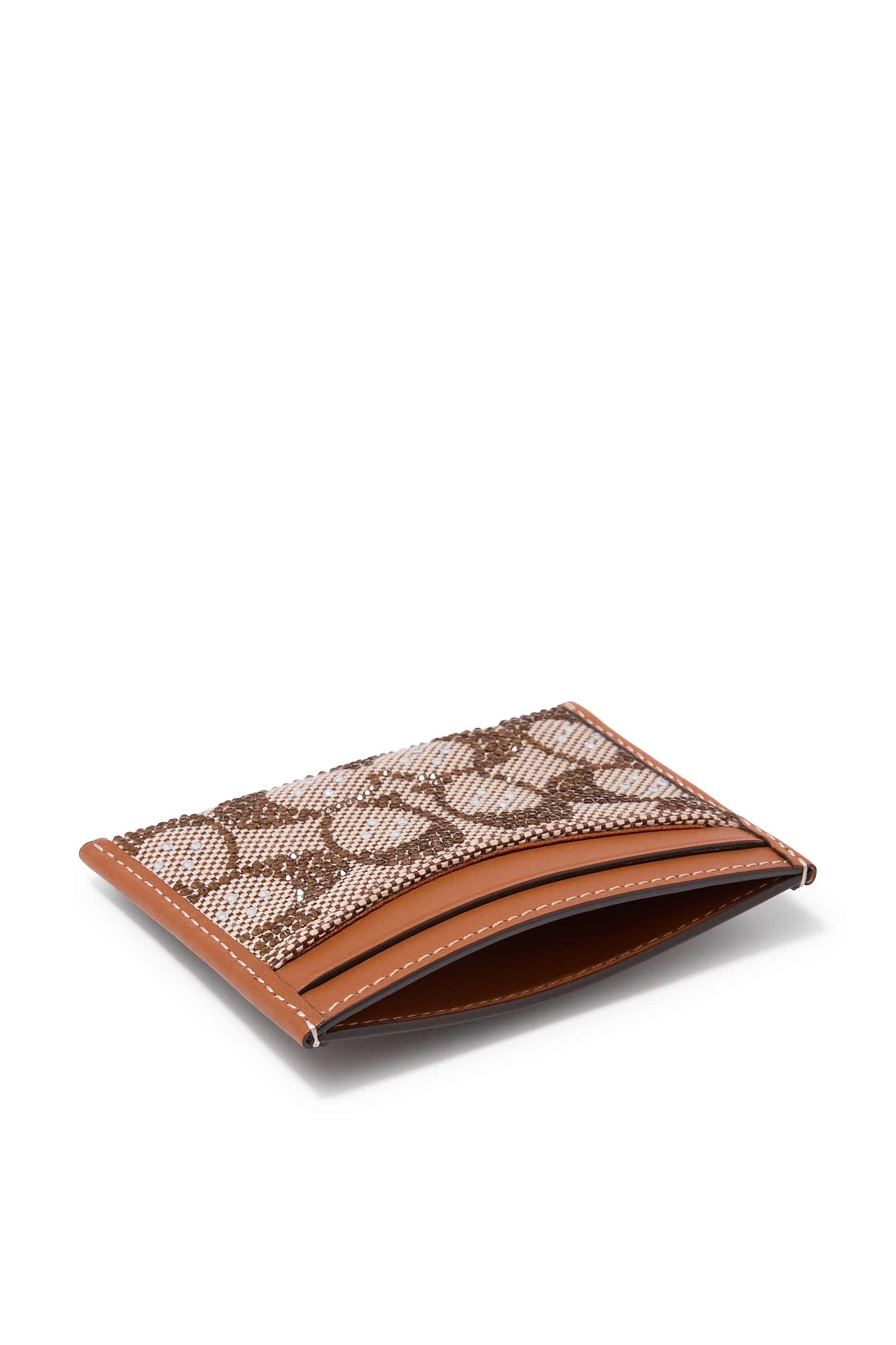 Crystal-Embellished Monogram-Print Leather Card Holder