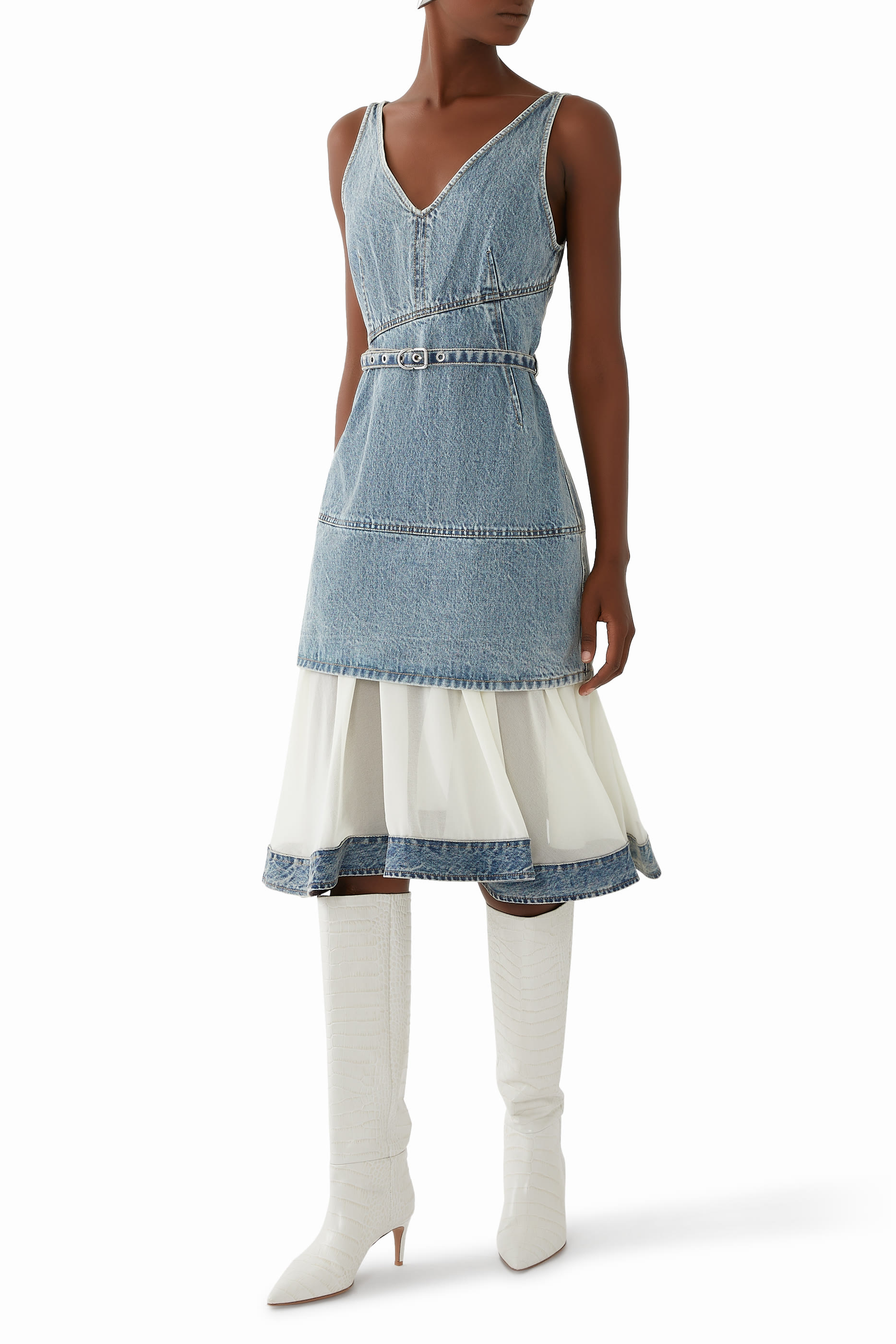 Denim V-Neck Dress with Chiffon Hem