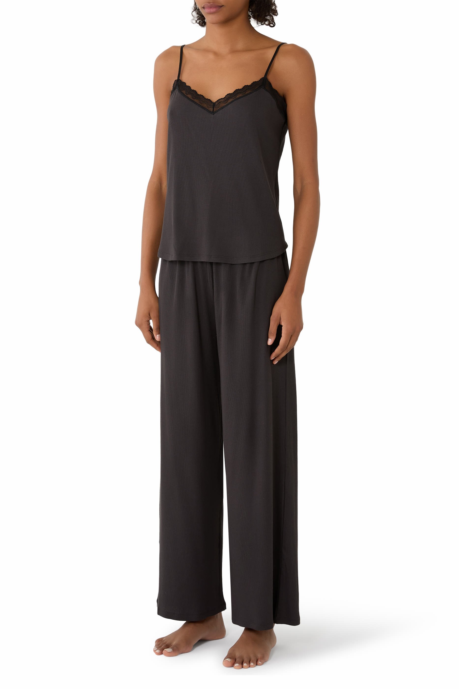 Jersey Lace Detail Ribbed Cami Pajama Set