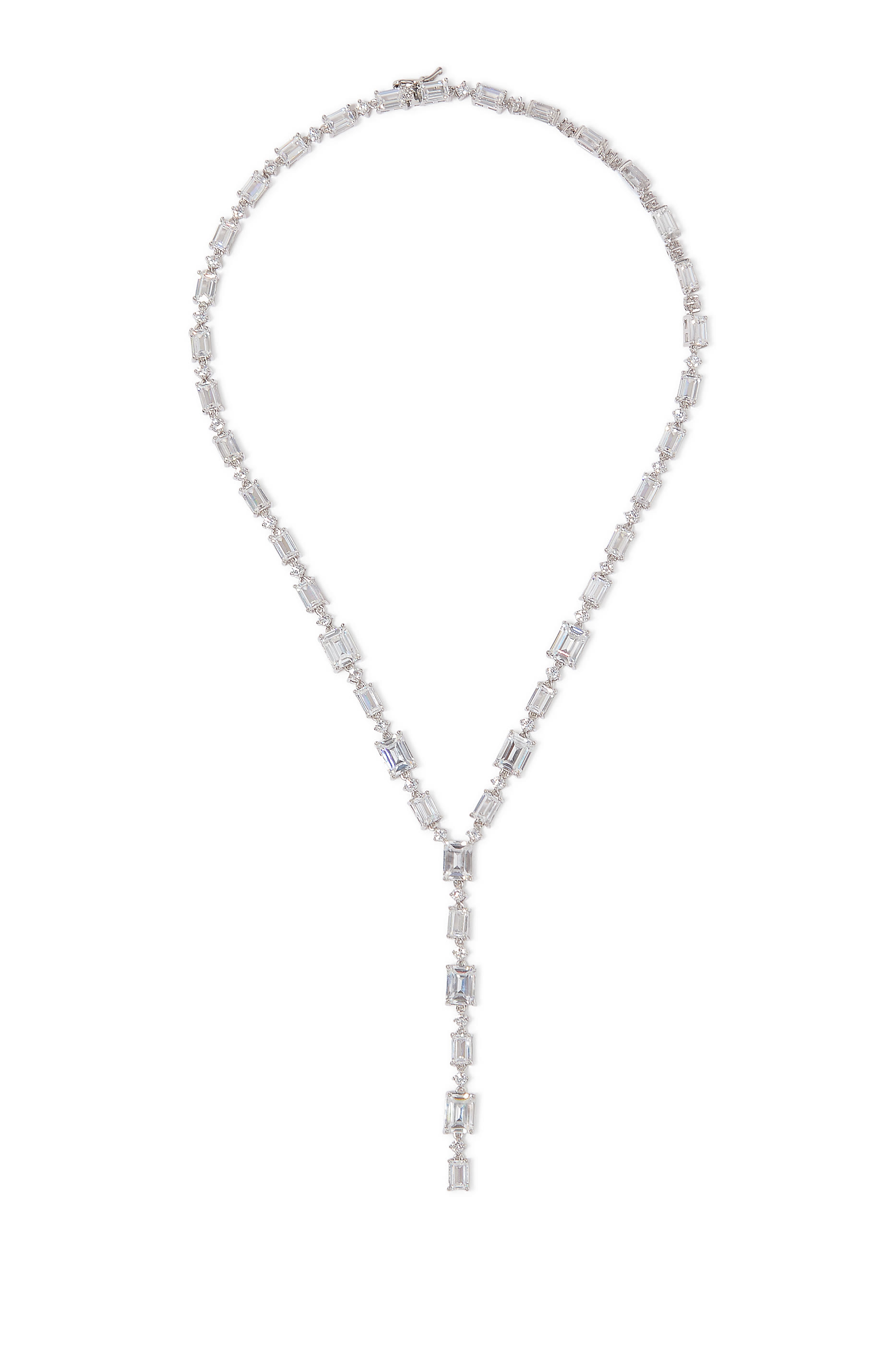 Long Delicate Y Necklace, Rhodium Plated Brass & Cubic Zirconia