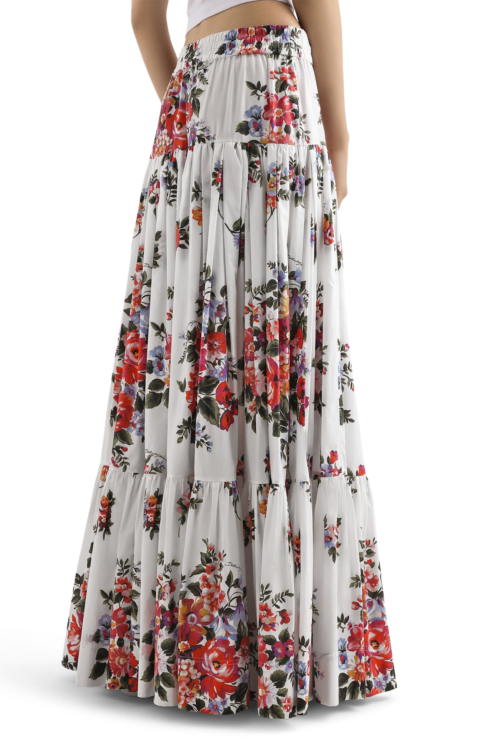 Flower Bouquet-Print Poplin Long Skirt