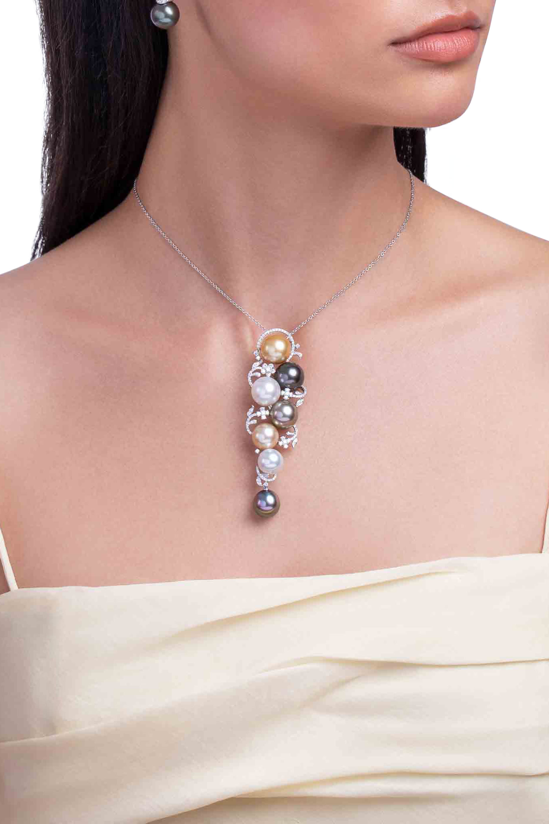Duchess Pendant Necklace, 18K White Gold with Diamonds & Tahitian, South Sea and Golden Pearls