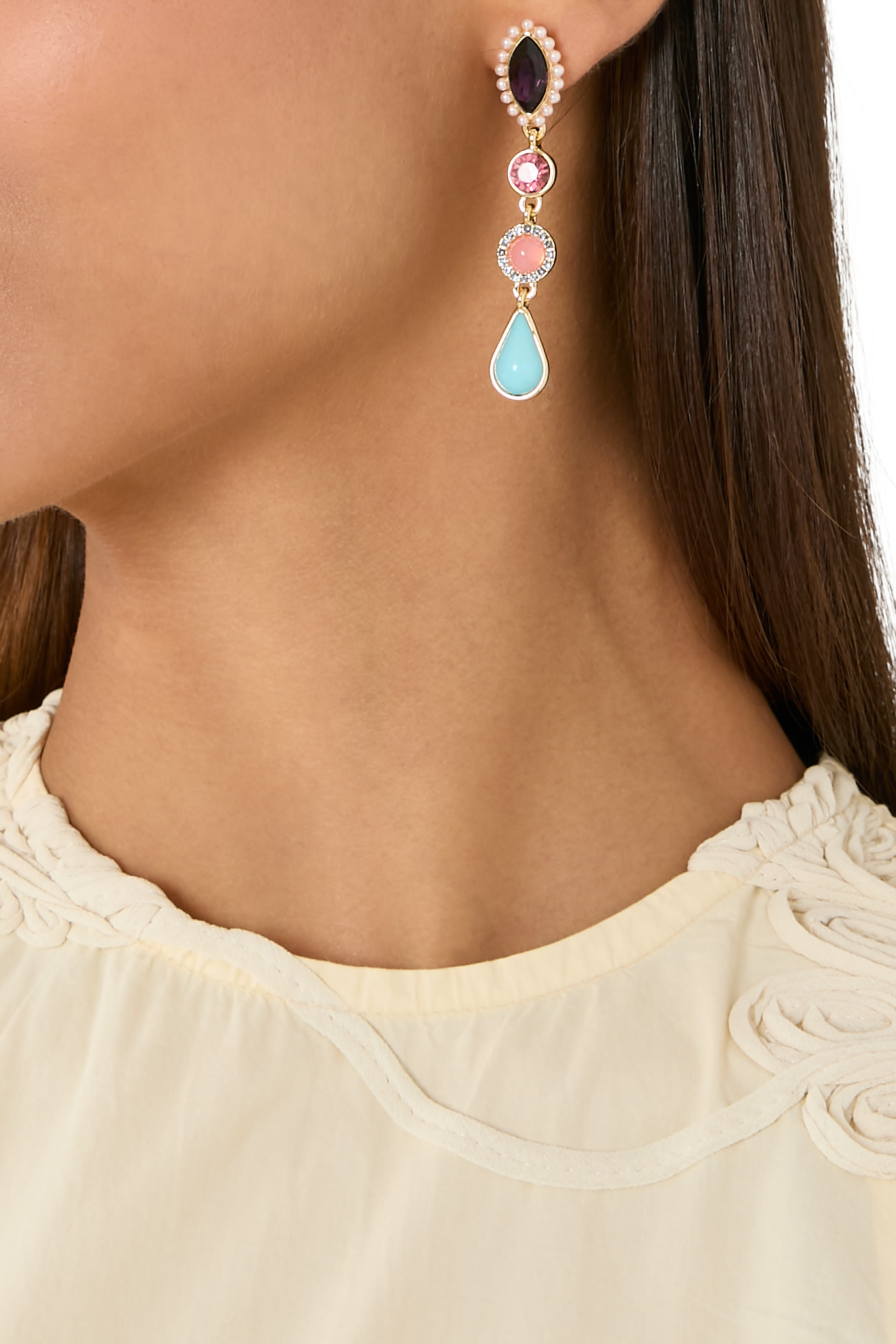 Gemstone Linear Earrings, Brass & Glass Crystal, Glass Pearl, Resin