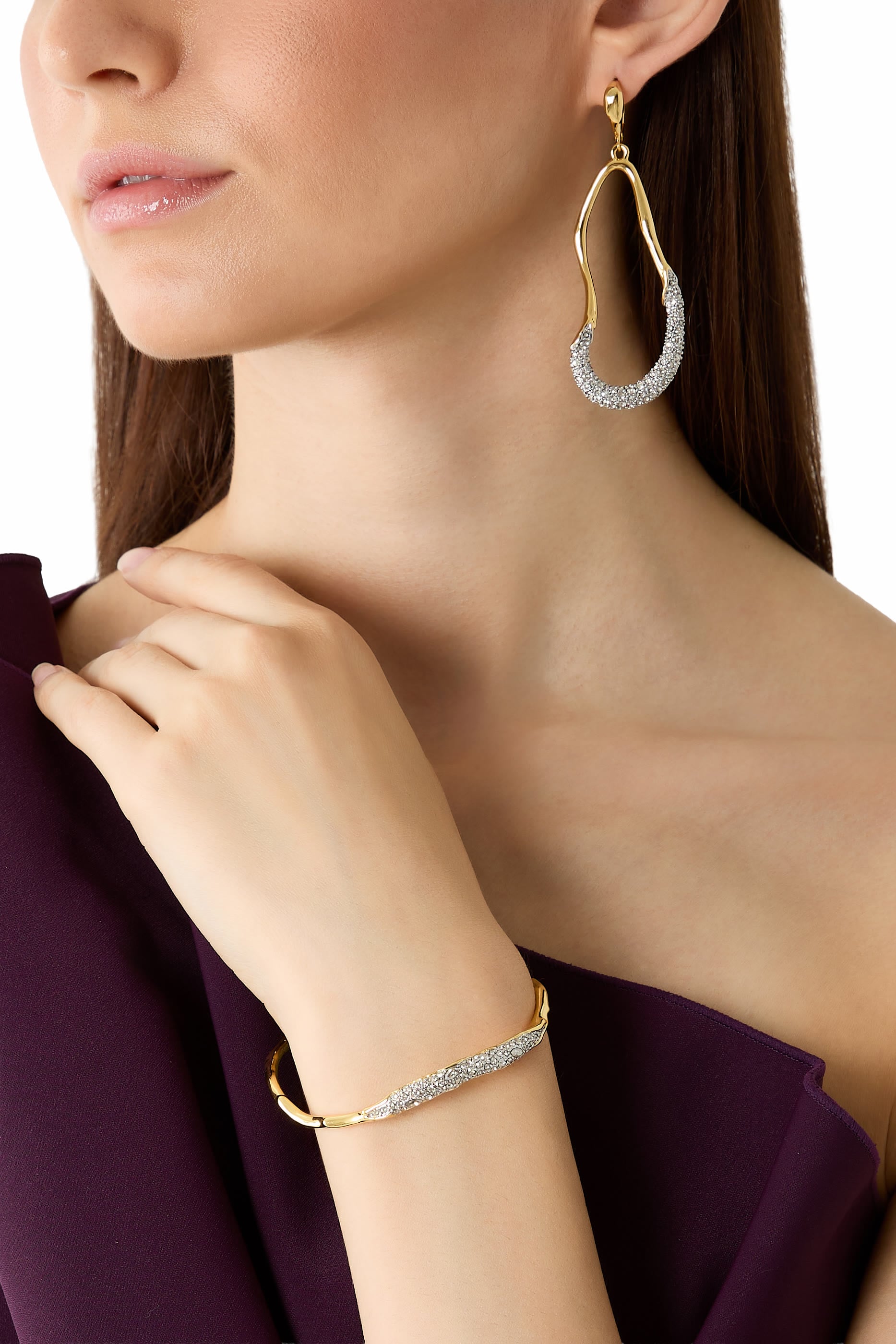 Solanales Crystal Curve Drop Earrings, 14K Gold Plated Brass, Rhodium-tone Plated Brass & Crystal