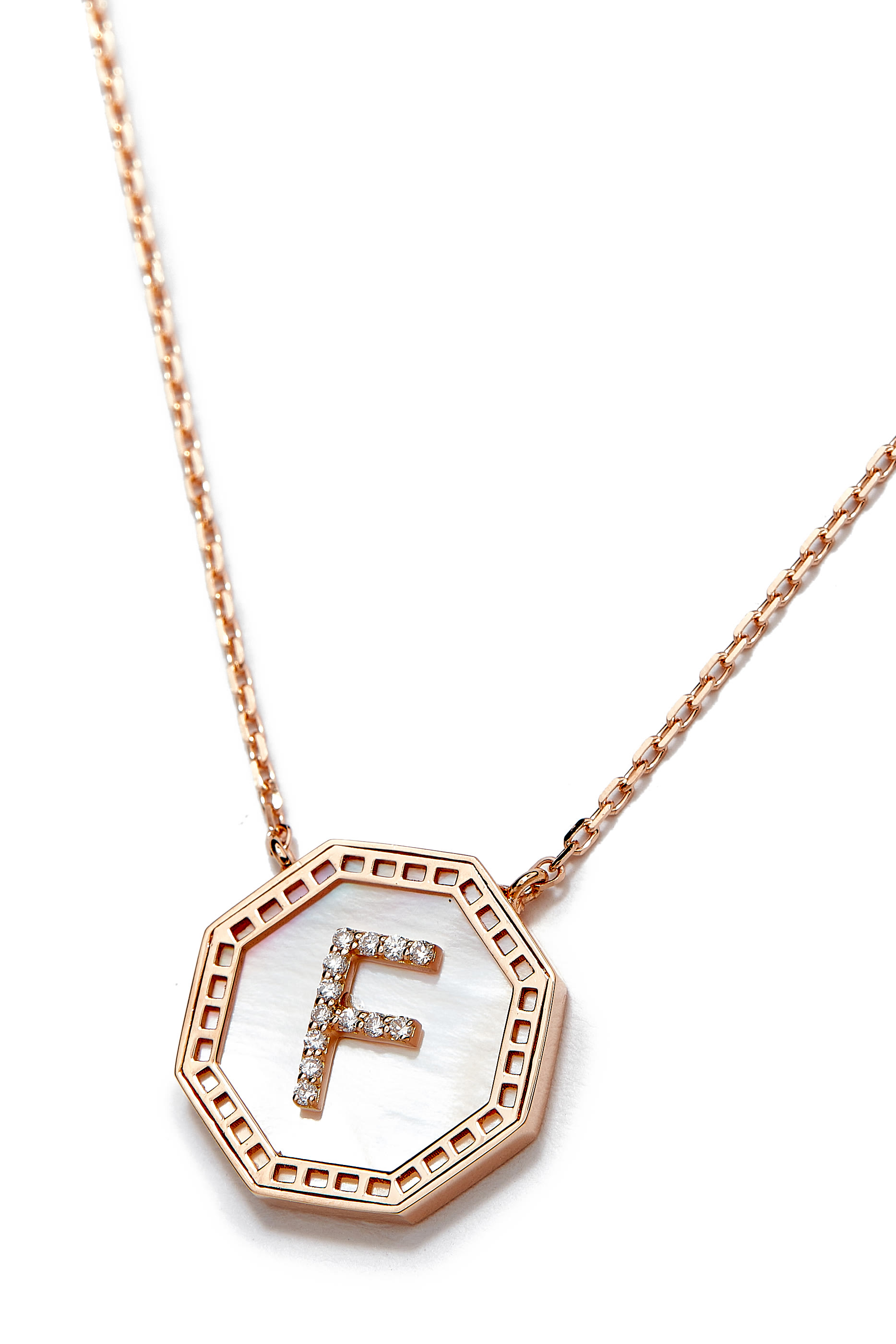 Harf Turath Letter F Pendant, 18k Rose Gold, Diamonds & Mother of Pearl