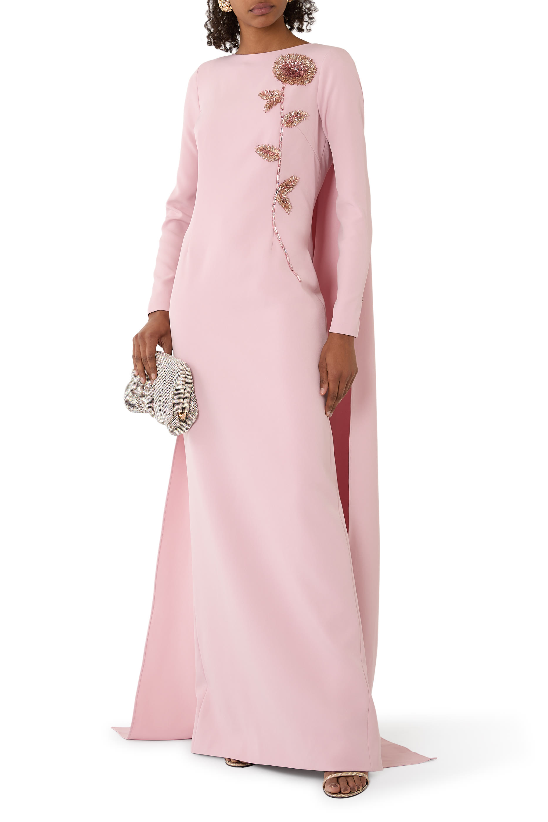 Crepe Beaded Flower Applique Cape Back Gown