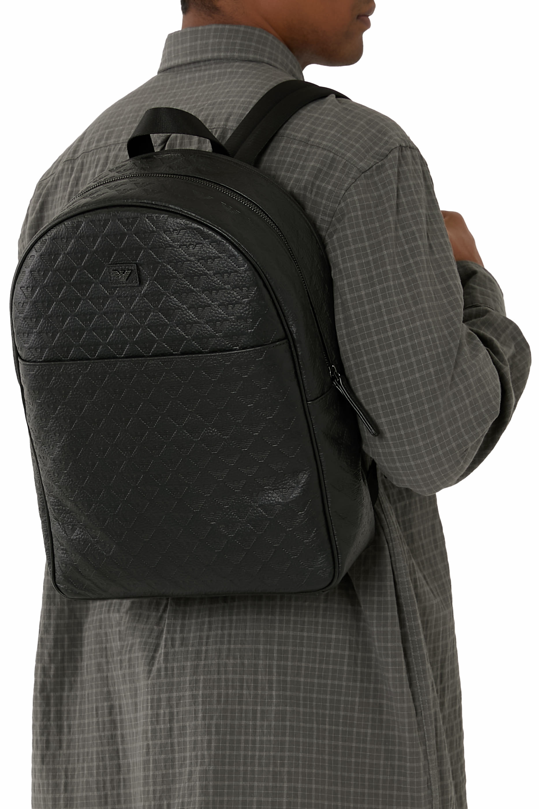 Leather Backpack with All-Over Embossed Eagle