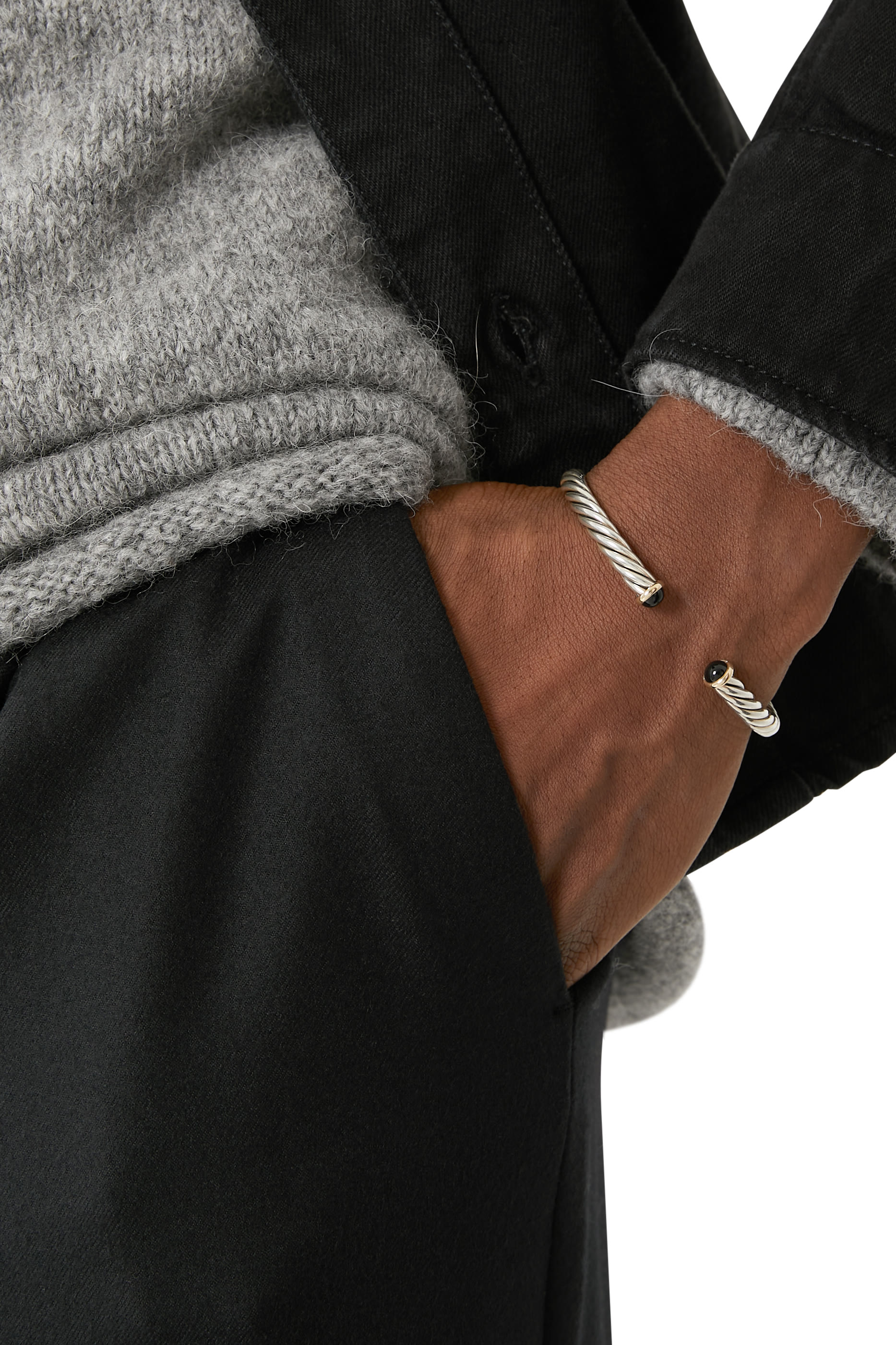 Cable Cuff Bracelet, Sterling Silver, 14k Yellow Gold & Black Onyx