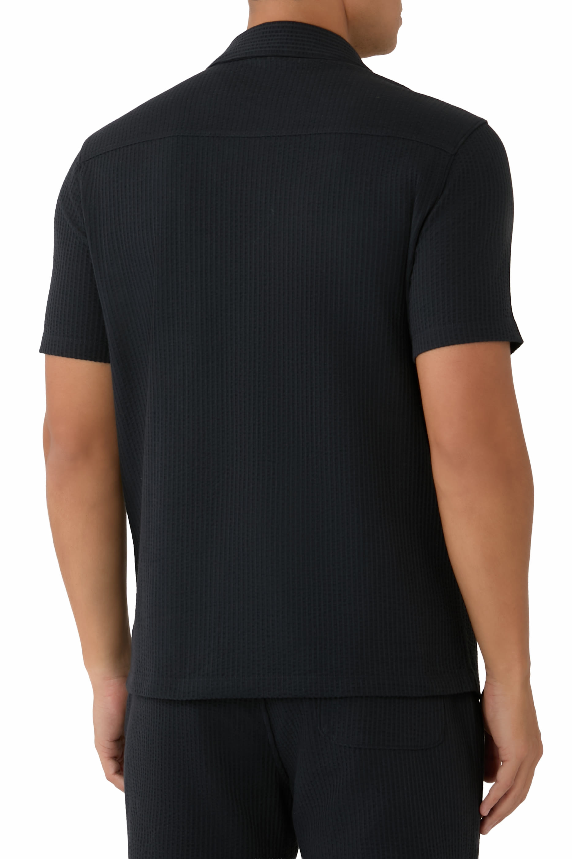 Seersucker-Knit Stretch-Cotton Johnny-Collar Shirt