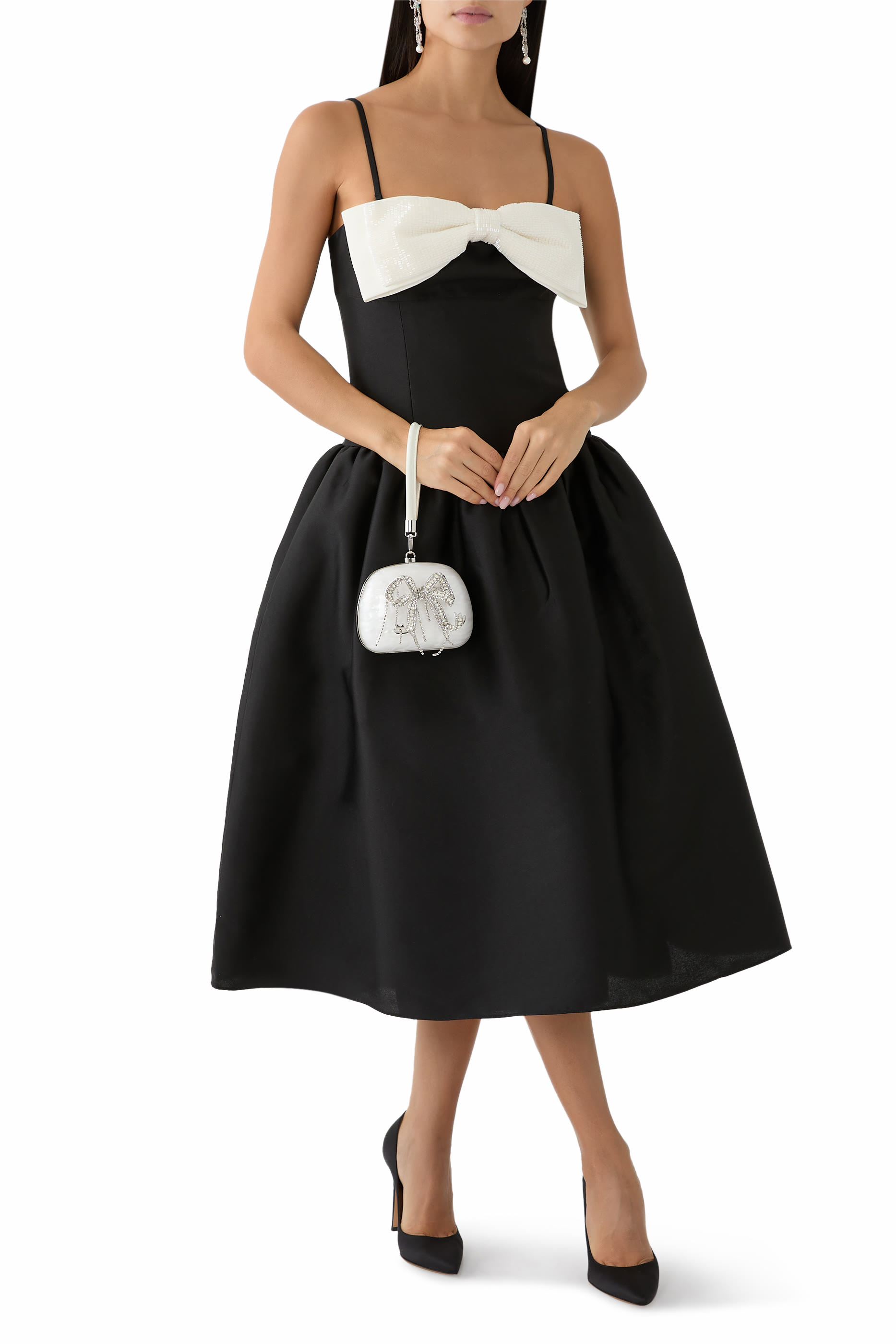 Taffeta Contrast Bow Midi Dress